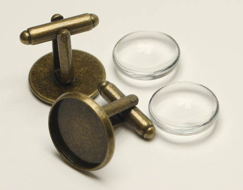 Antique Bronze Brass Cufflinks with Domed Clear Glass Covers Nickel Free 1 Set TRC044