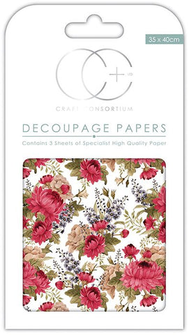 Red Peony Decoupage Paper 35 x 40cm pk 3 By Craft Consortium CCDECP141