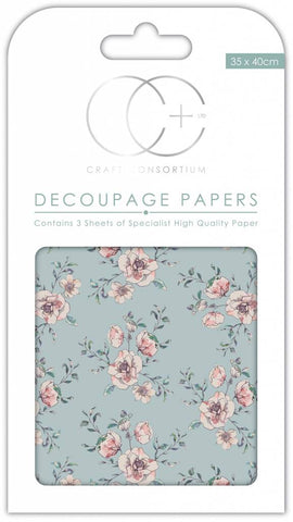 Rose Bloom Decoupage Paper 35 x 40cm pk 3 By Craft Consortium CCDECP269